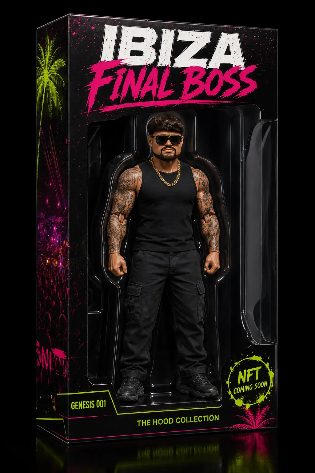 Full-body Ibiza Final Boss articulated collectible figure in premium neon retail packaging