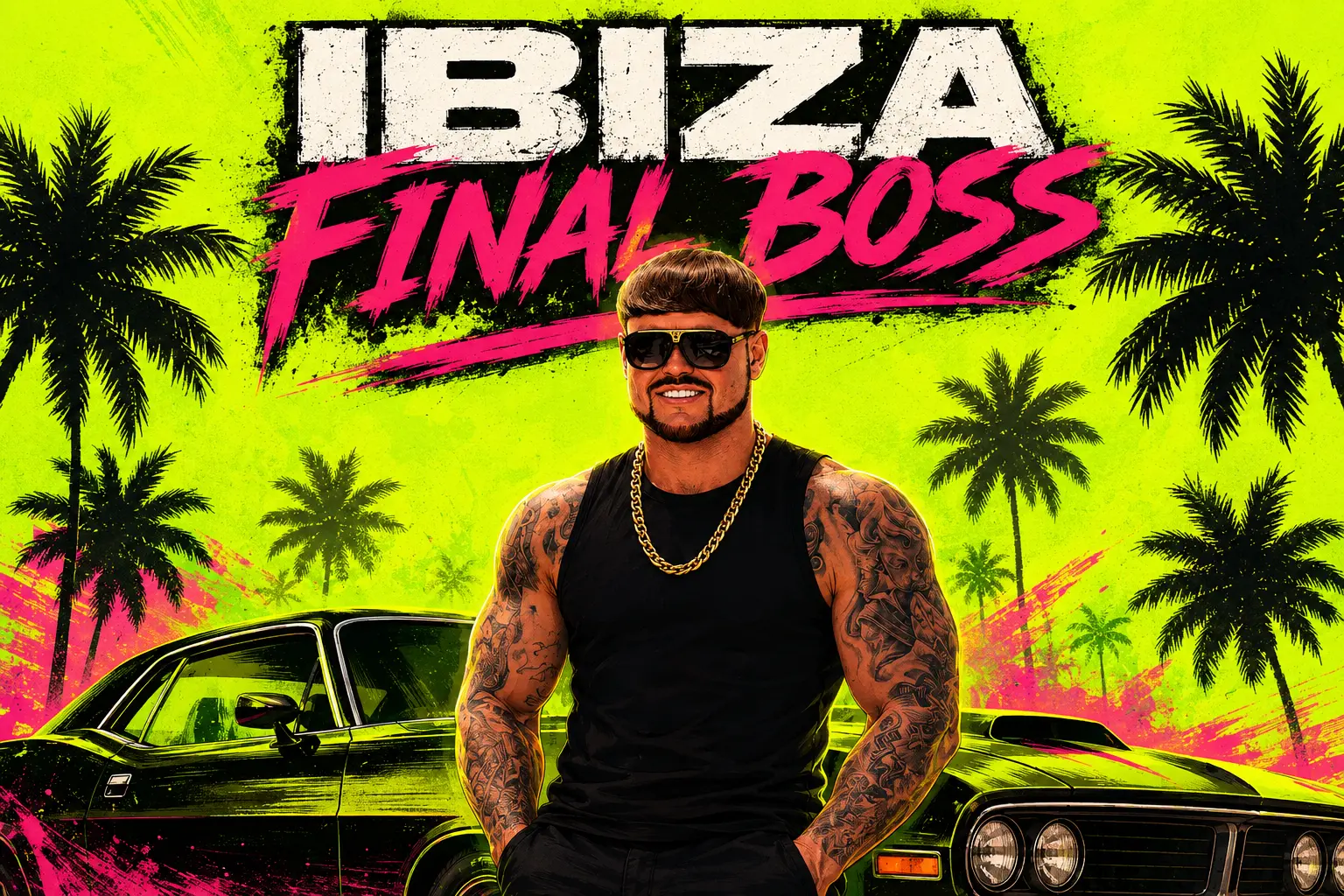 Ibiza Final Boss key art with Jack Kay, a classic car and the full title on a Robinhood-neon background