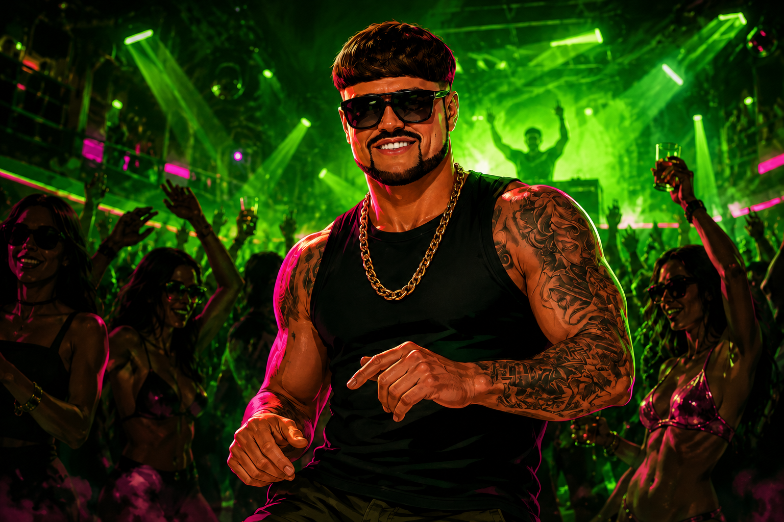 Illustrated Ibiza nightclub scene with Jack Kay at the centre of the dance floor