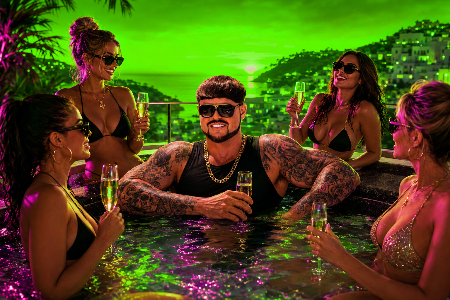 Illustrated luxury Ibiza rooftop hot-tub party with Jack Kay and adult guests