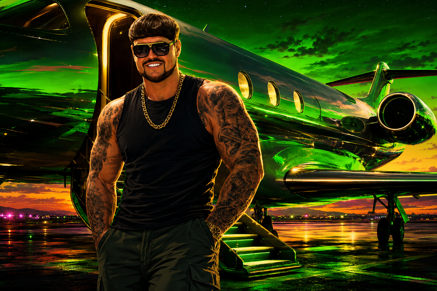 Illustrated Jack Kay standing beside a private jet under Robinhood-green lighting